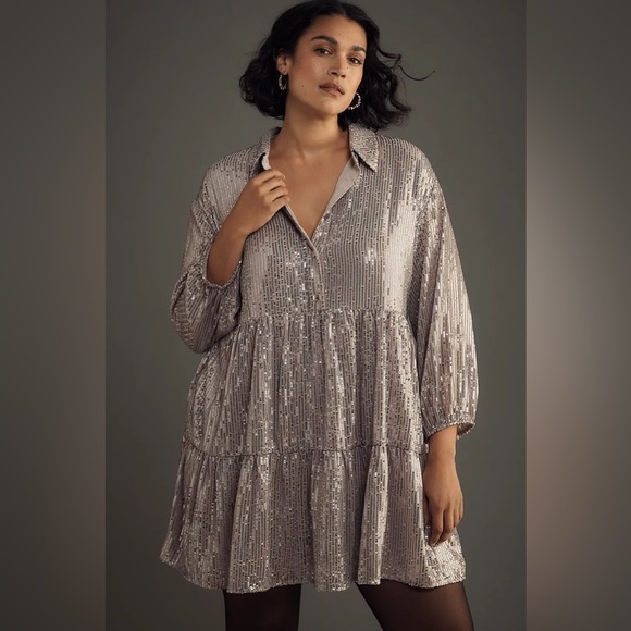 Anthropologie Dresses & Skirts - NWT Size L - The Bettina Tiered Shirt Dress by Maeve: Mini Sequin Edition